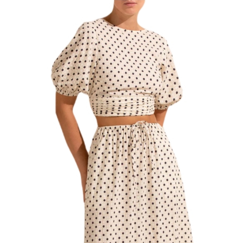 Peony Swimwear Resortwear Tie Front Crop Puff Sleeve Polka Dot Top